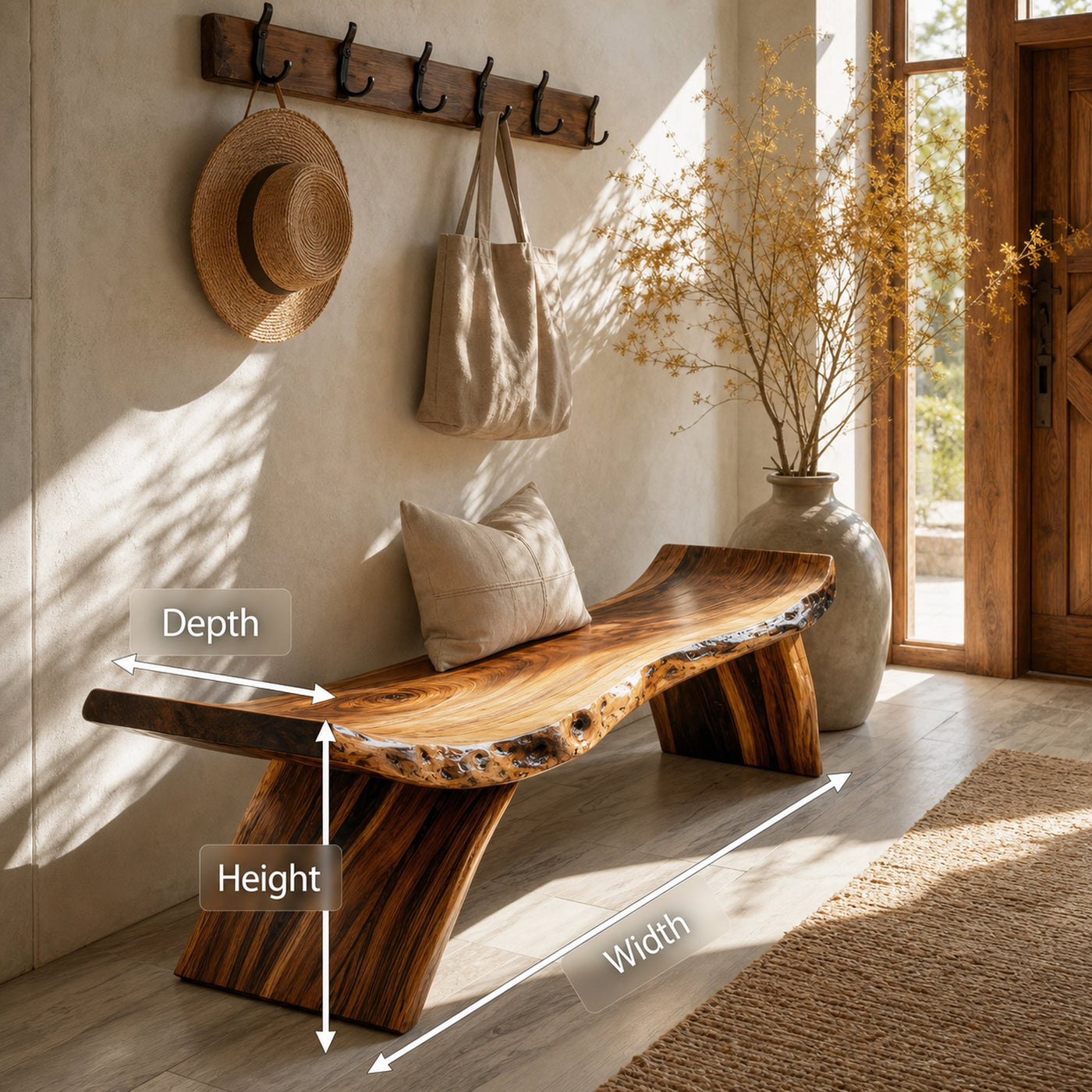 Rustic Live Edge Bench With Organic Curves For Entryway - product view 8