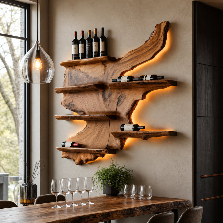 Rustic Live Edge Wine Rack Shelf With LED For Bar