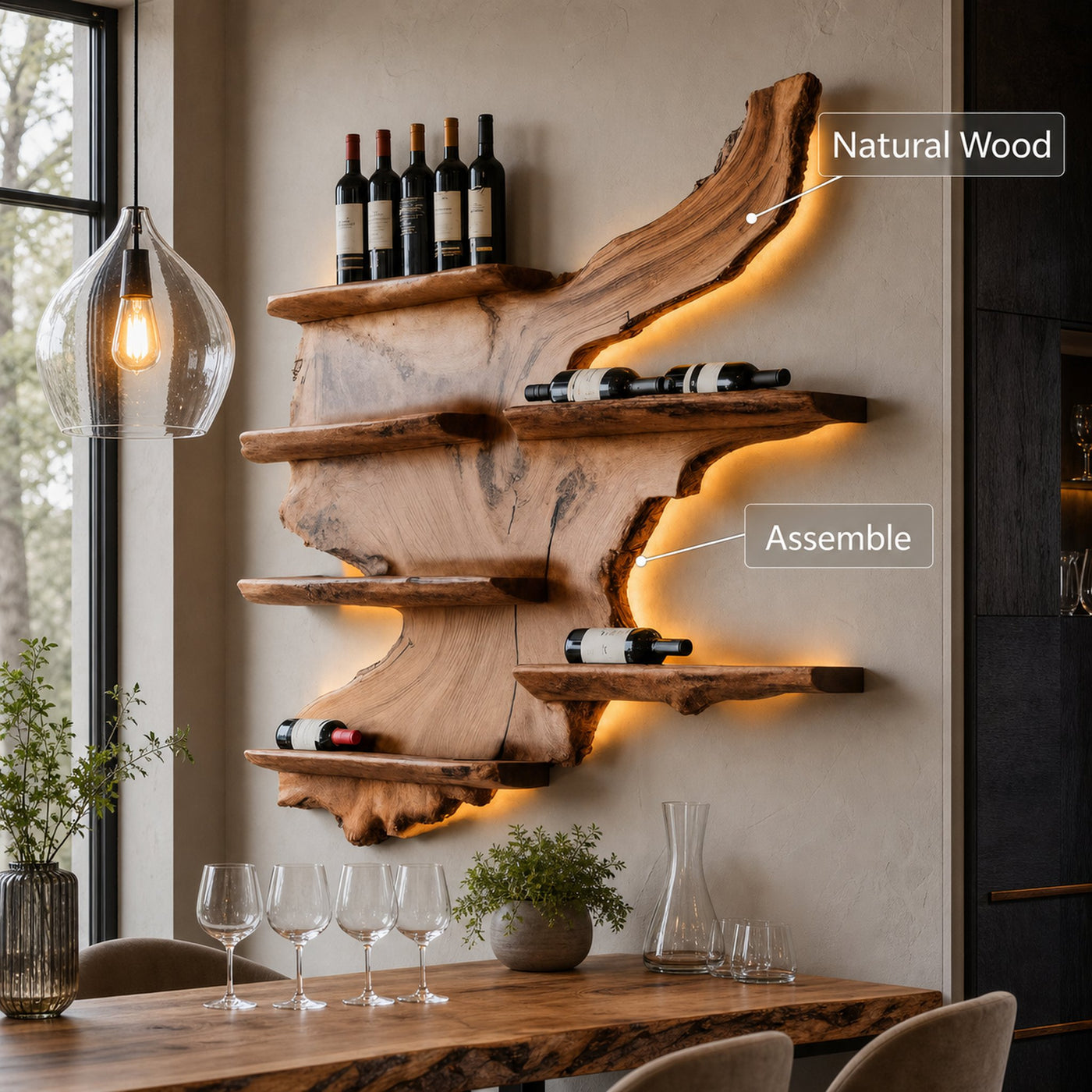 Rustic Live Edge Wine Rack Shelf With LED For Bar - product view 7