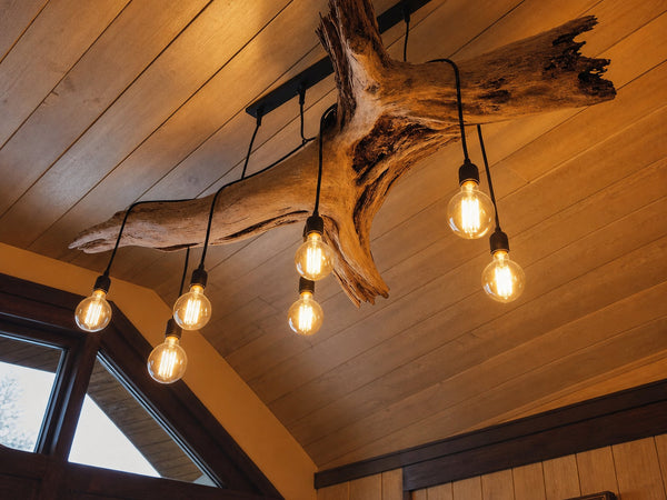 Rustic Log Chandelier With Edison Bulbs For Cabin Or Dining Room