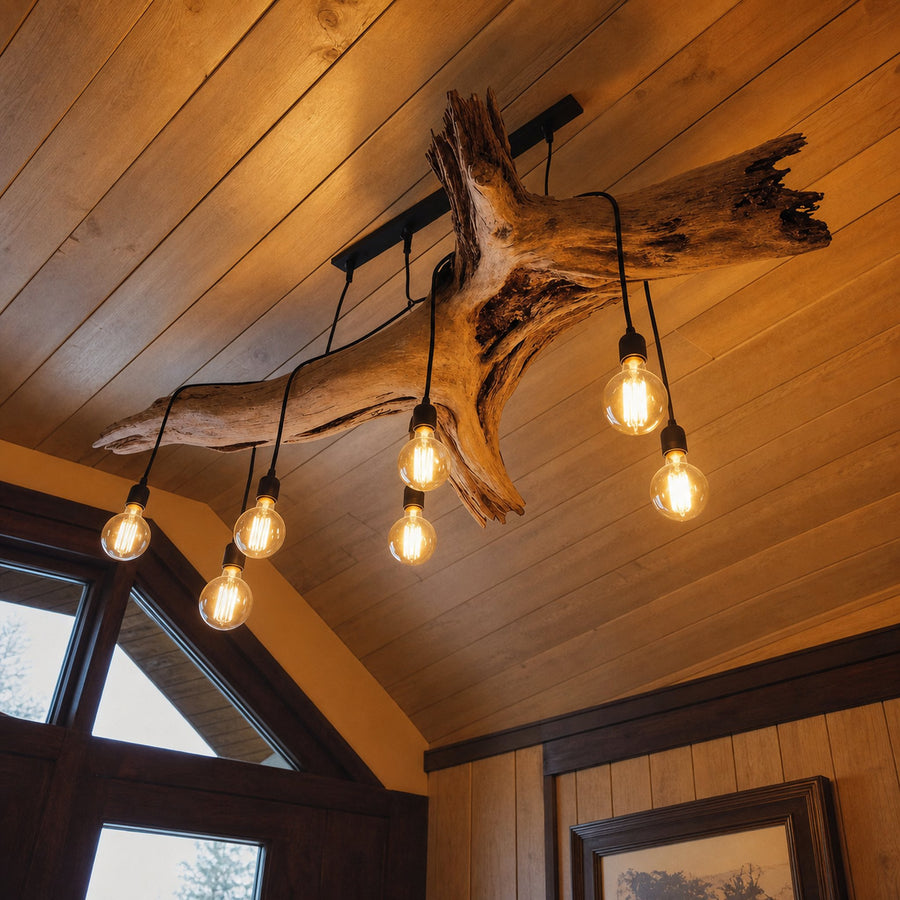 Rustic Log Chandelier With Edison Bulbs For Cabin Or Dining Room