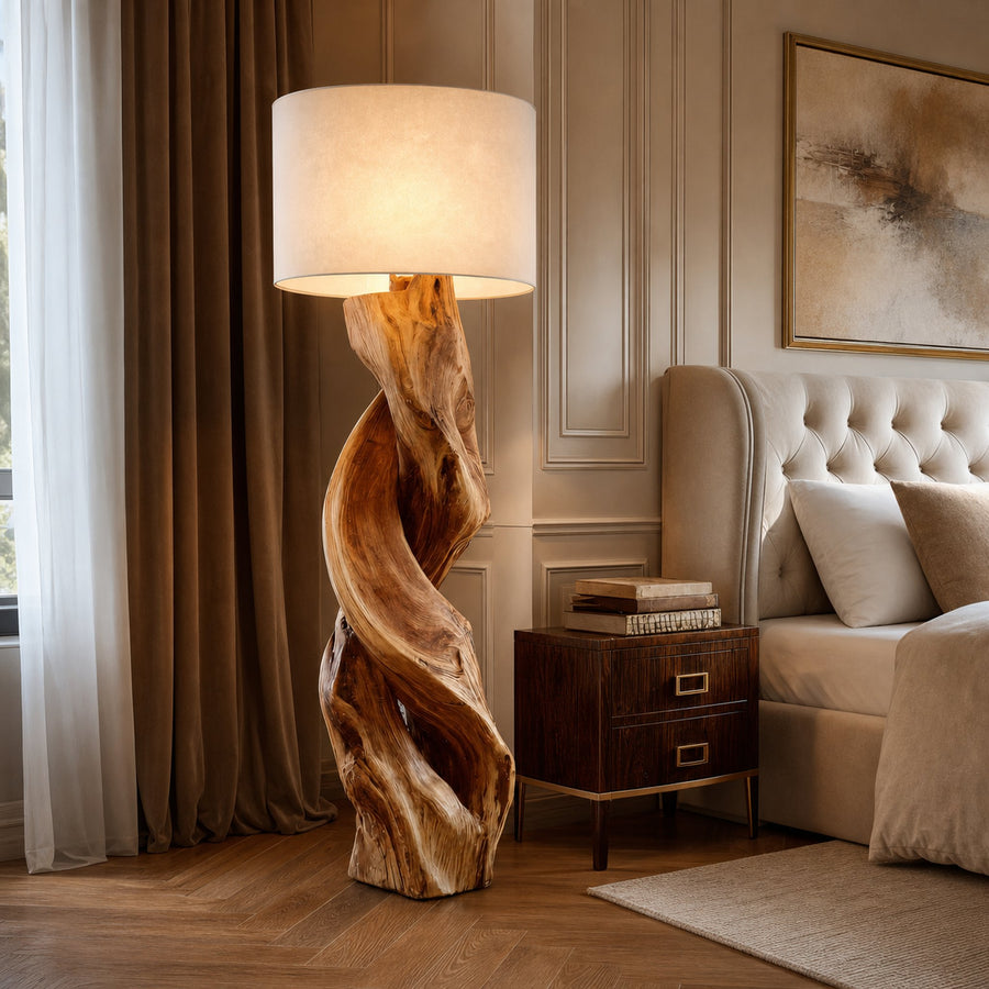 Rustic Sculptural Floor Lamp With Twisted Base For Bedroom