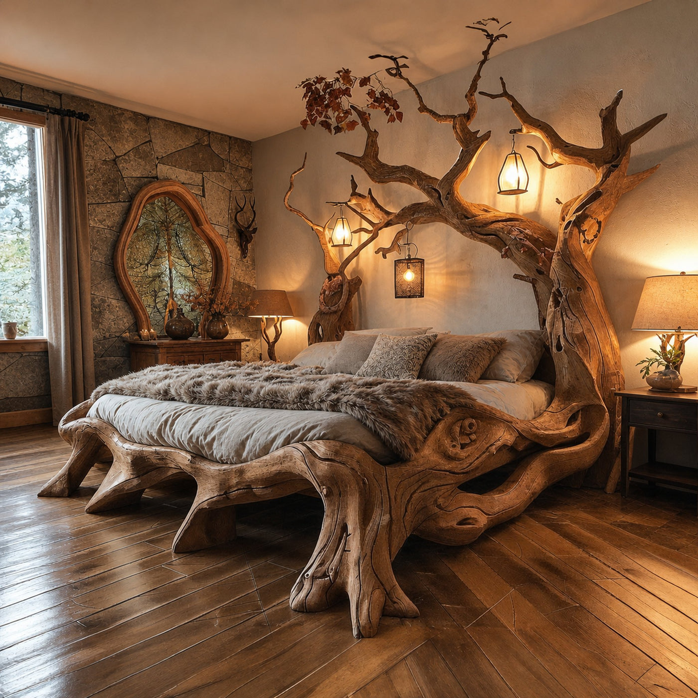 Rustic Solid Wood Bed Frame Queen Bed Vintage Housewarming Gift
