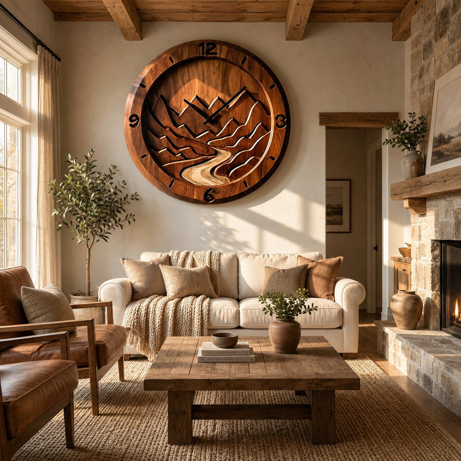 Rustic Wood Wall Clock Mountain Landscape Decor For Living