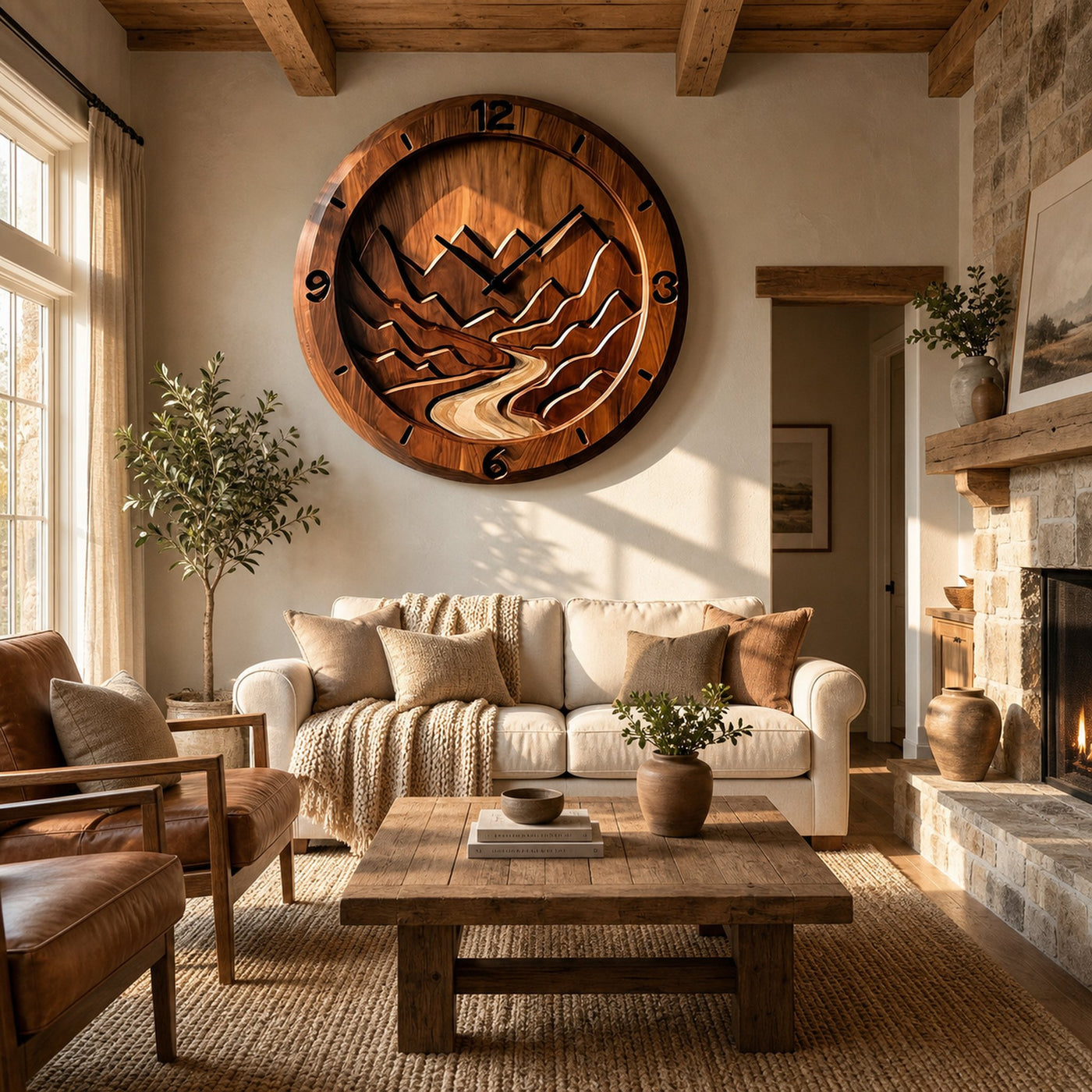 Rustic Wood Wall Clock Mountain Landscape Decor For Living