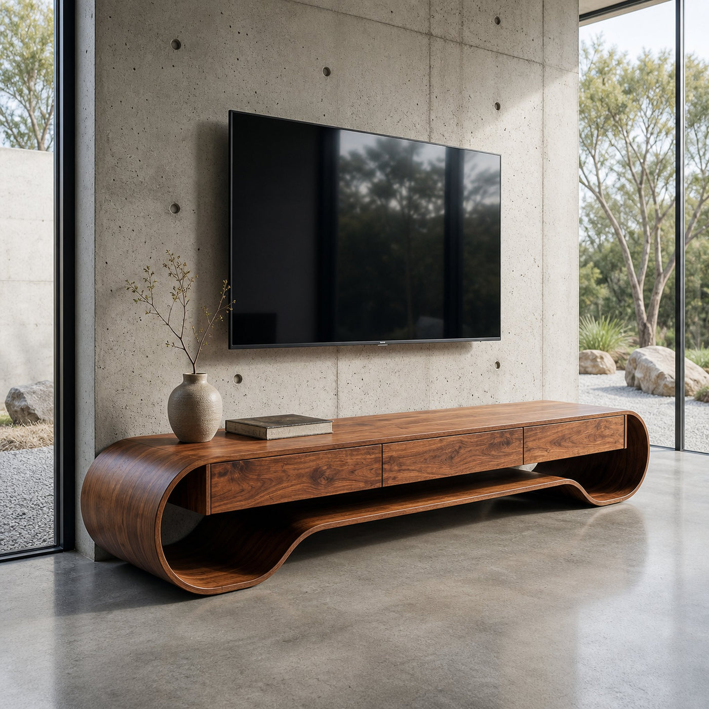 Sculpted Curved Media Console With Storage For Living Room