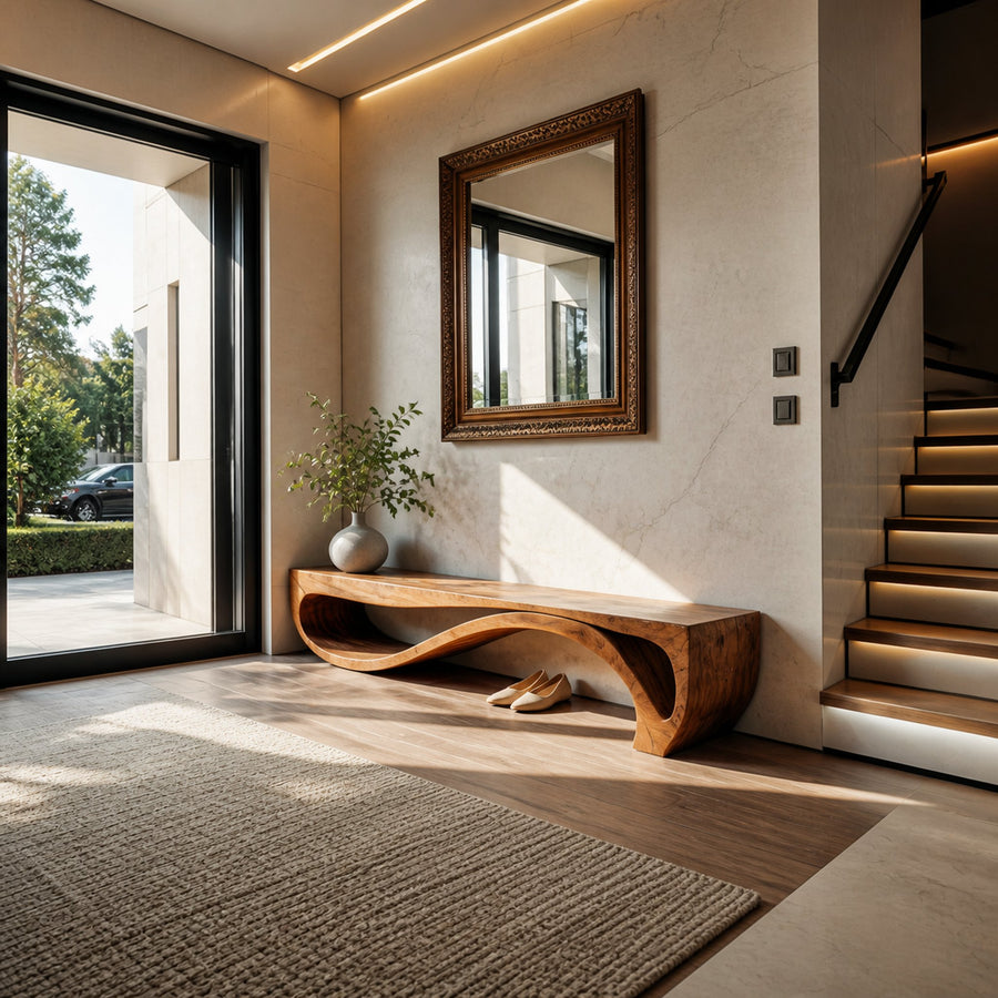Sculptural Bench With Wave Design For Entryway