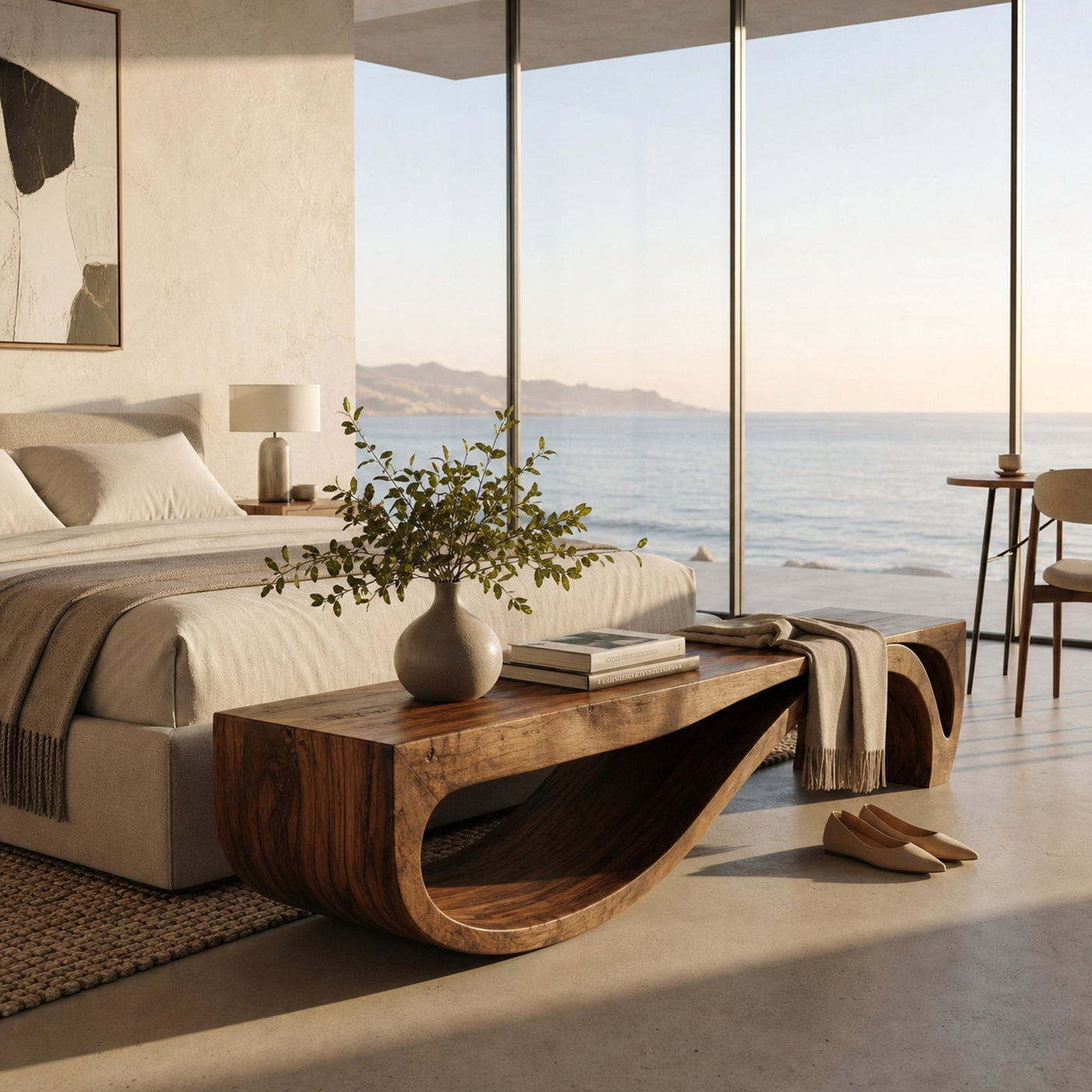 Sculptural Bench With Wave Design For Entryway - product view 7