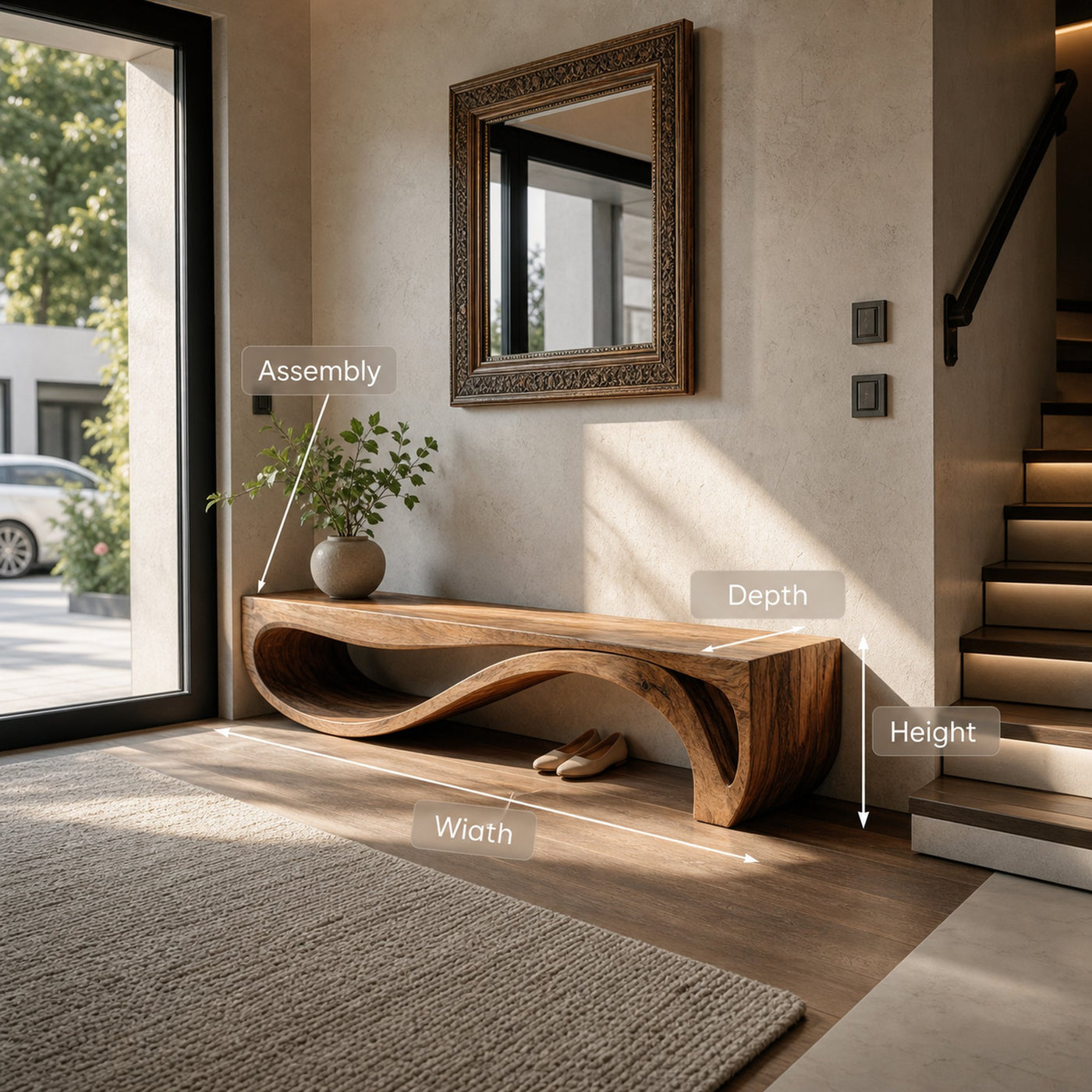 Sculptural Bench With Wave Design For Entryway - product view 8