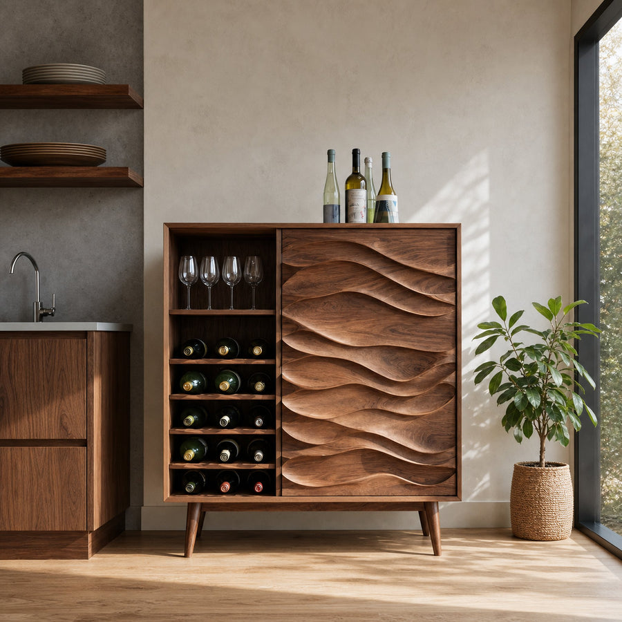 Sculptural Wine Cabinet With Wave Carved Doors For Kitchen