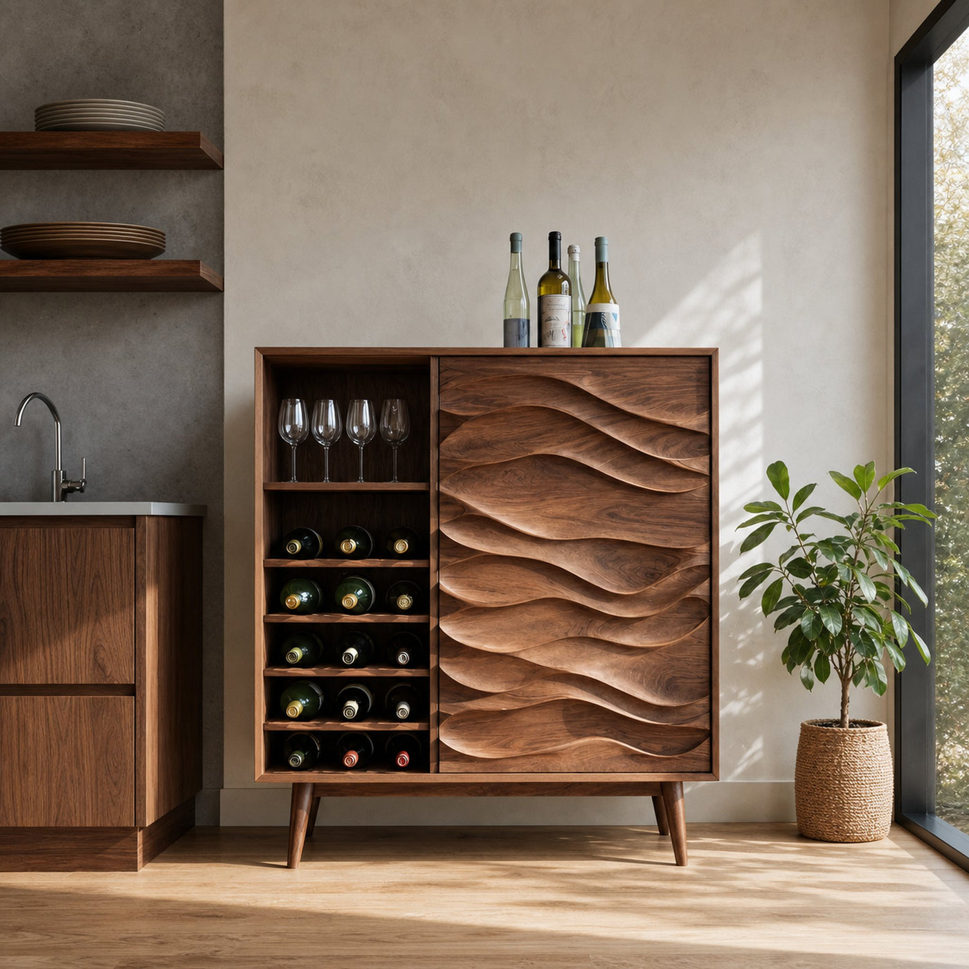Sculptural Wine Cabinet With Wave Carved Doors For Kitchen