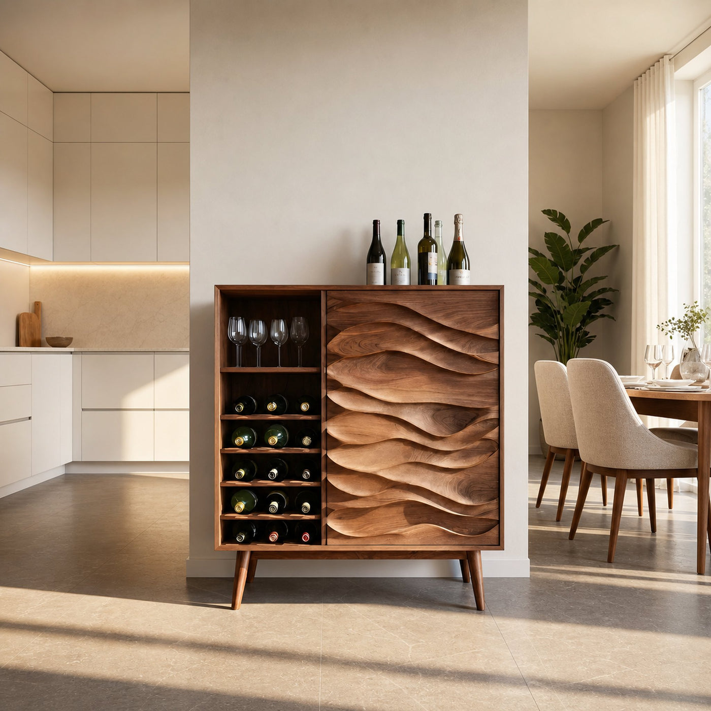 Sculptural Wine Cabinet With Wave Carved Doors For Kitchen - product view 6