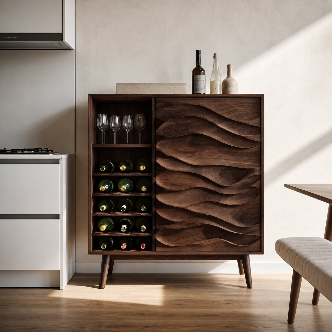 Sculptural Wine Cabinet With Wave Carved Doors For Kitchen - product view 7