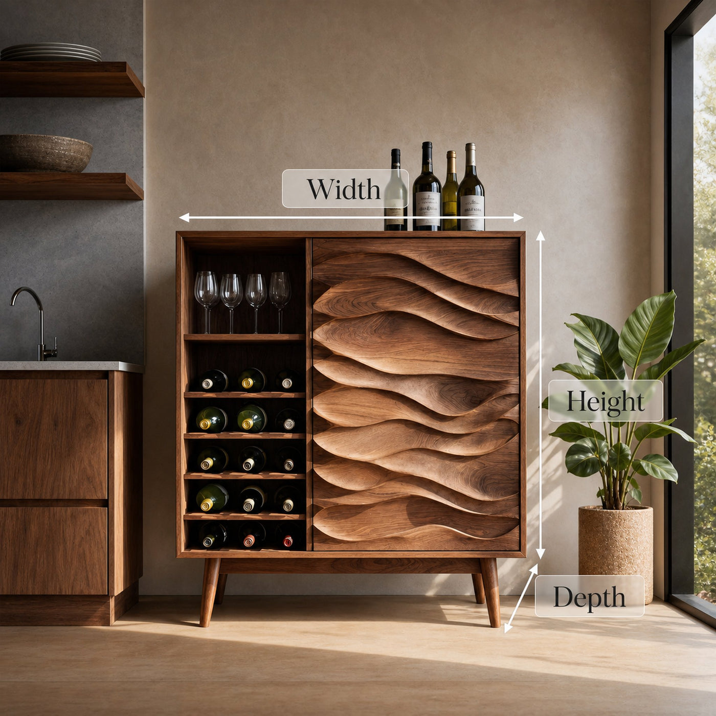 Sculptural Wine Cabinet With Wave Carved Doors For Kitchen - product view 8