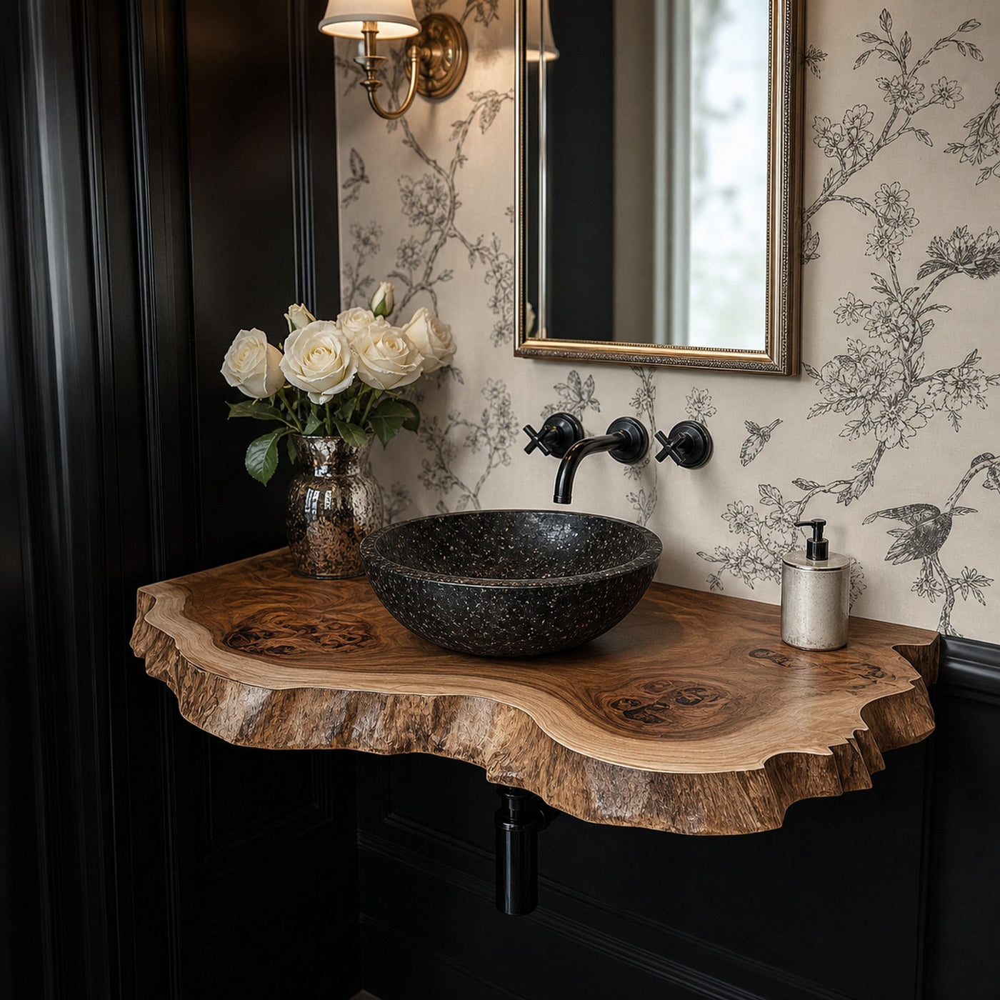 Wood Live Edge Bathroom Vanity Handcrafted Under Sink Shelf