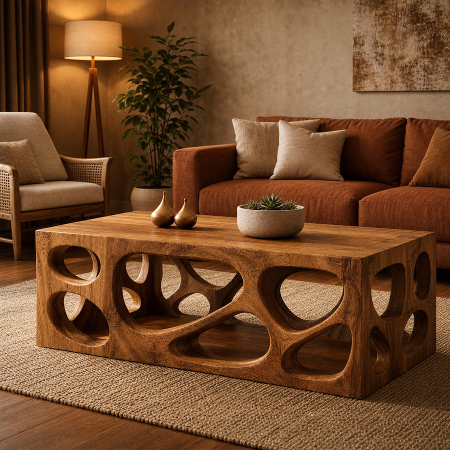 Architectural Carved Solid Wood Coffee Table Organic Void Design Statement Living Room Interior