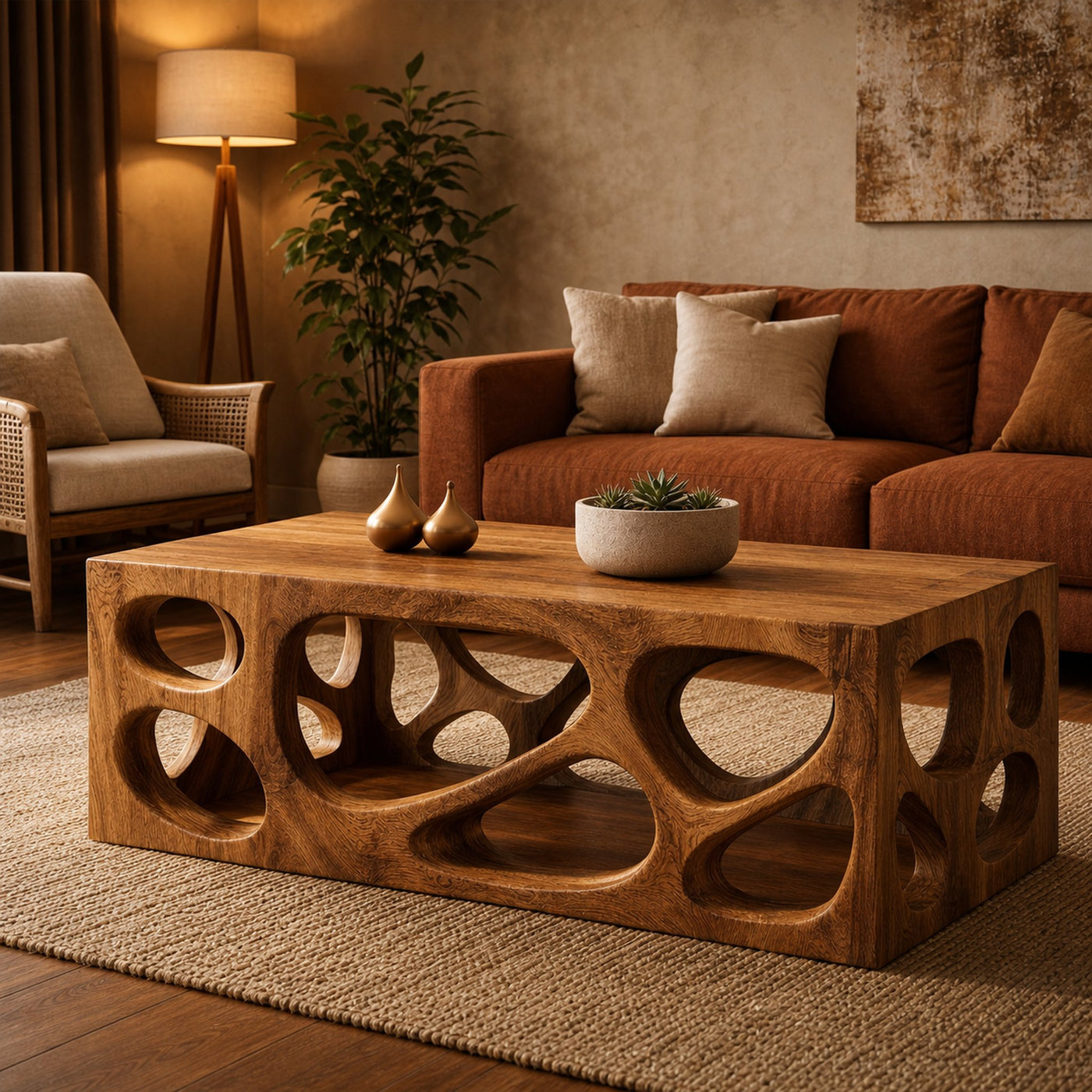 Architectural Carved Solid Wood Coffee Table Organic Void Design Statement Living Room Interior