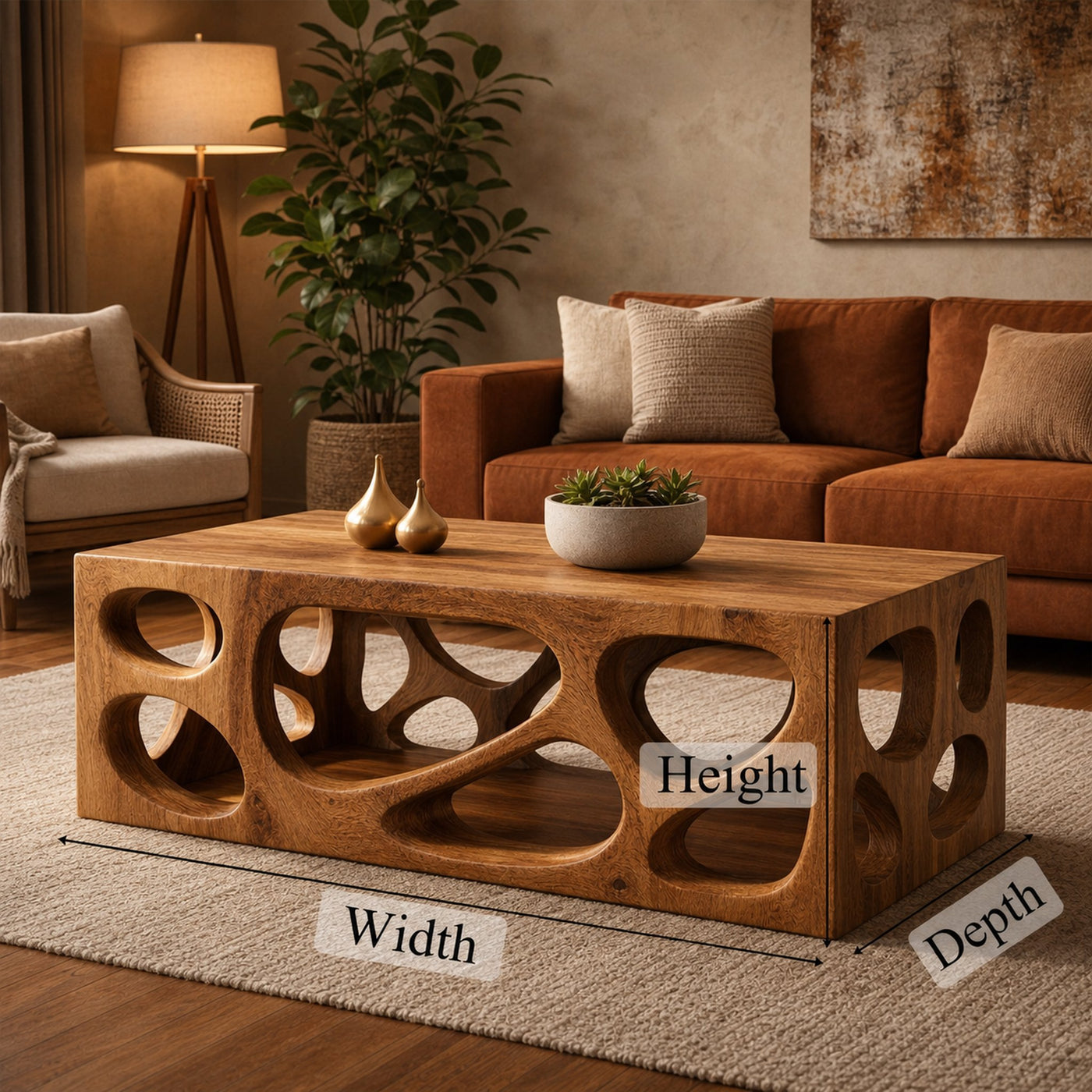 Architectural Carved Solid Wood Coffee Table Organic Void Design Statement Living Room Interior - product view 6