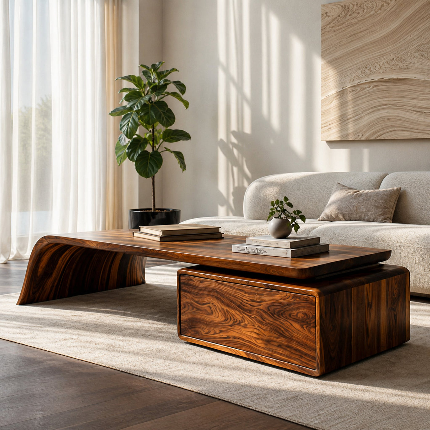 Artistic Wood Coffee Table With Drawers For Living Room
