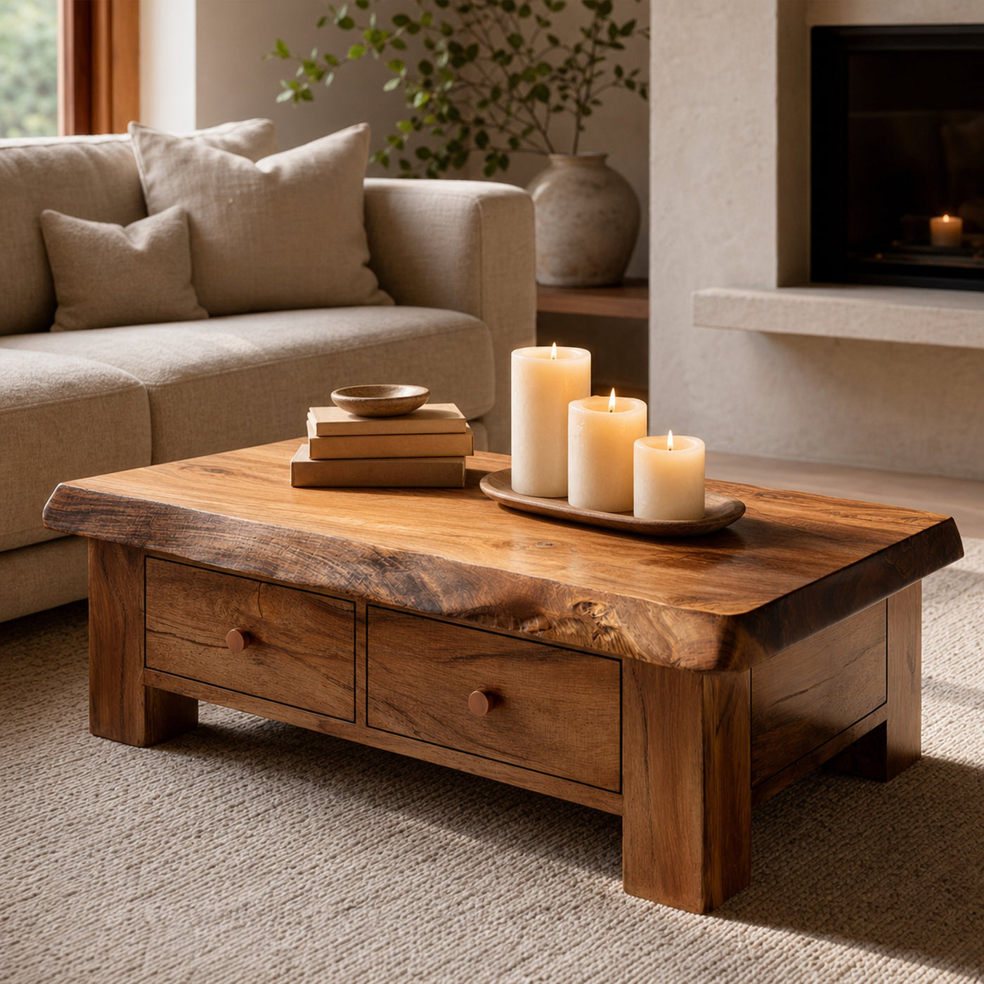 Classic Drawer Solid Wood Coffee Table Warm Modern Living Room Interior