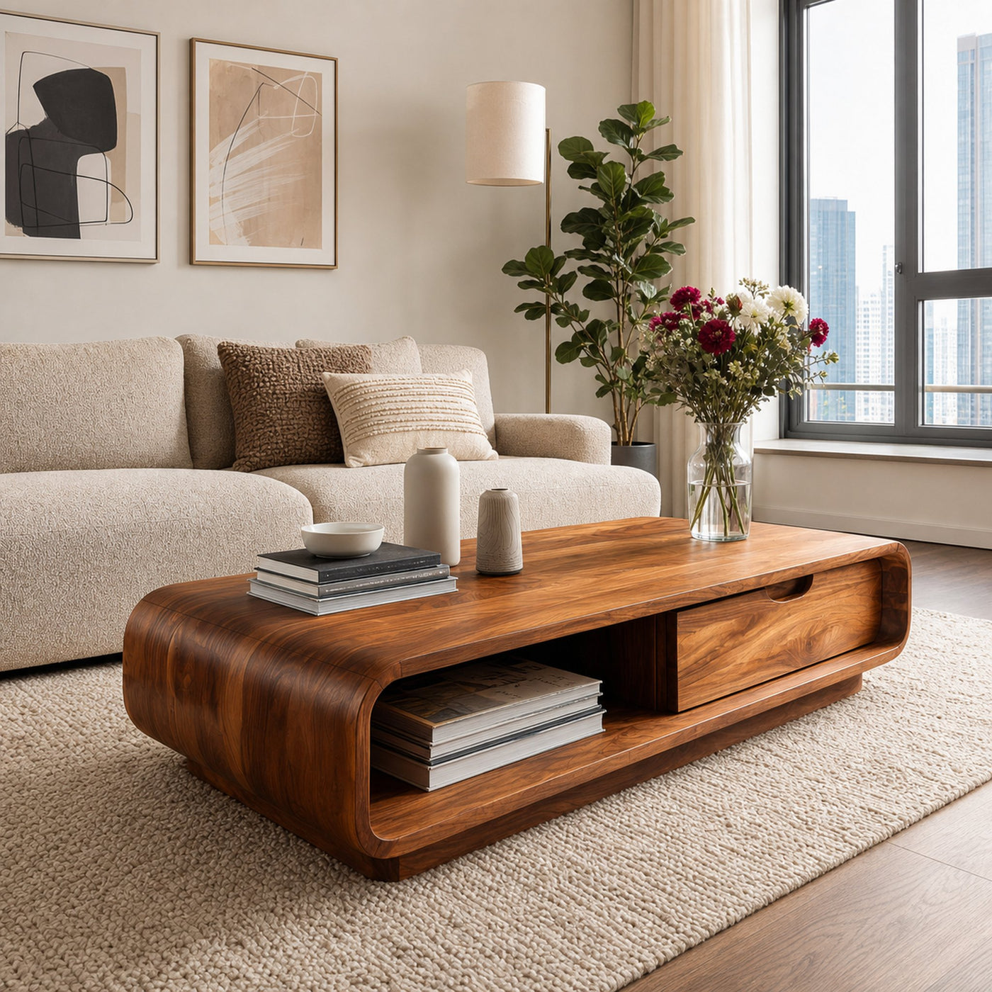 Coffee Table With Drawer Curved Silhouette For Contemporary Interior