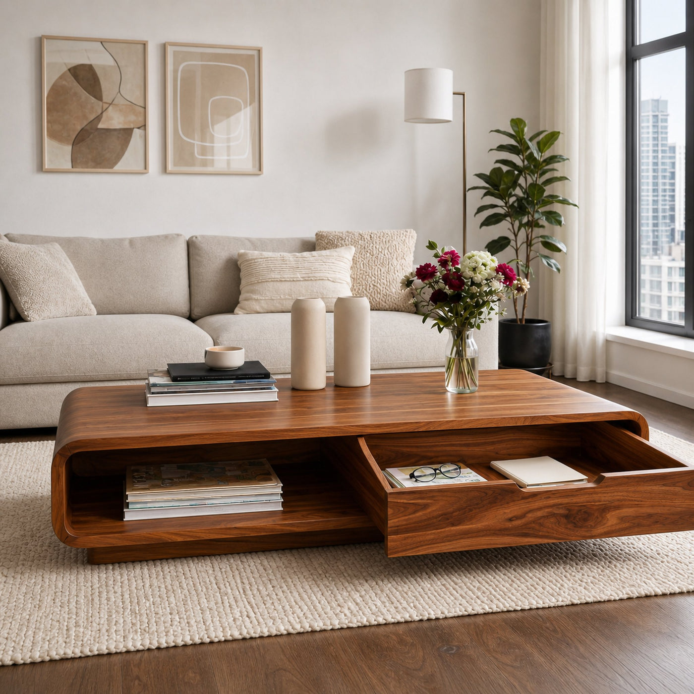 Coffee Table With Drawer Curved Silhouette For Contemporary Interior - product view 8