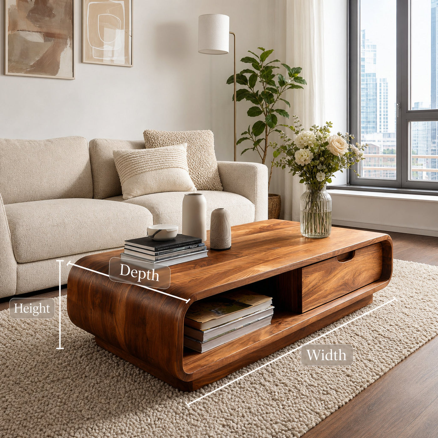 Coffee Table With Drawer Curved Silhouette For Contemporary Interior - product view 9