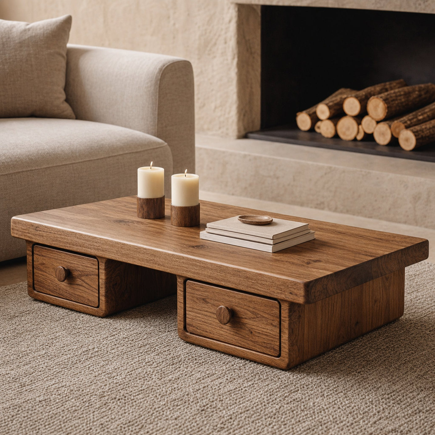 Compact Storage Solid Wood Coffee Table Cozy Living Room Interior