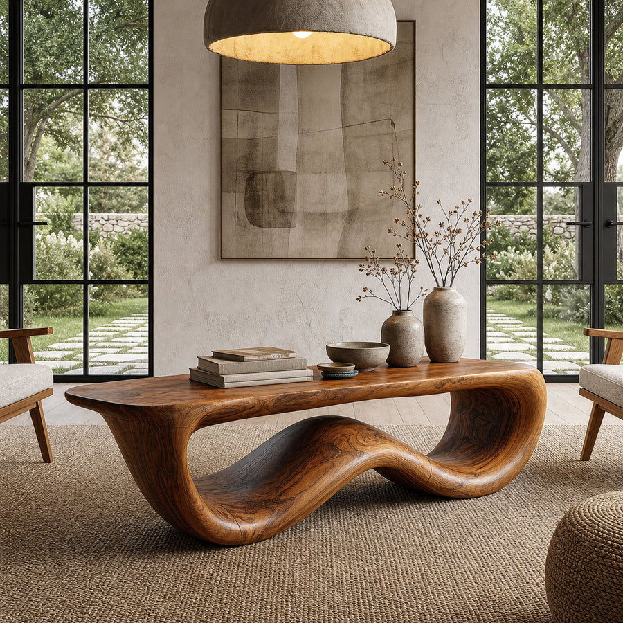Contemporary Coffee Table With Flowing Solid Wood Silhouette For Living Room