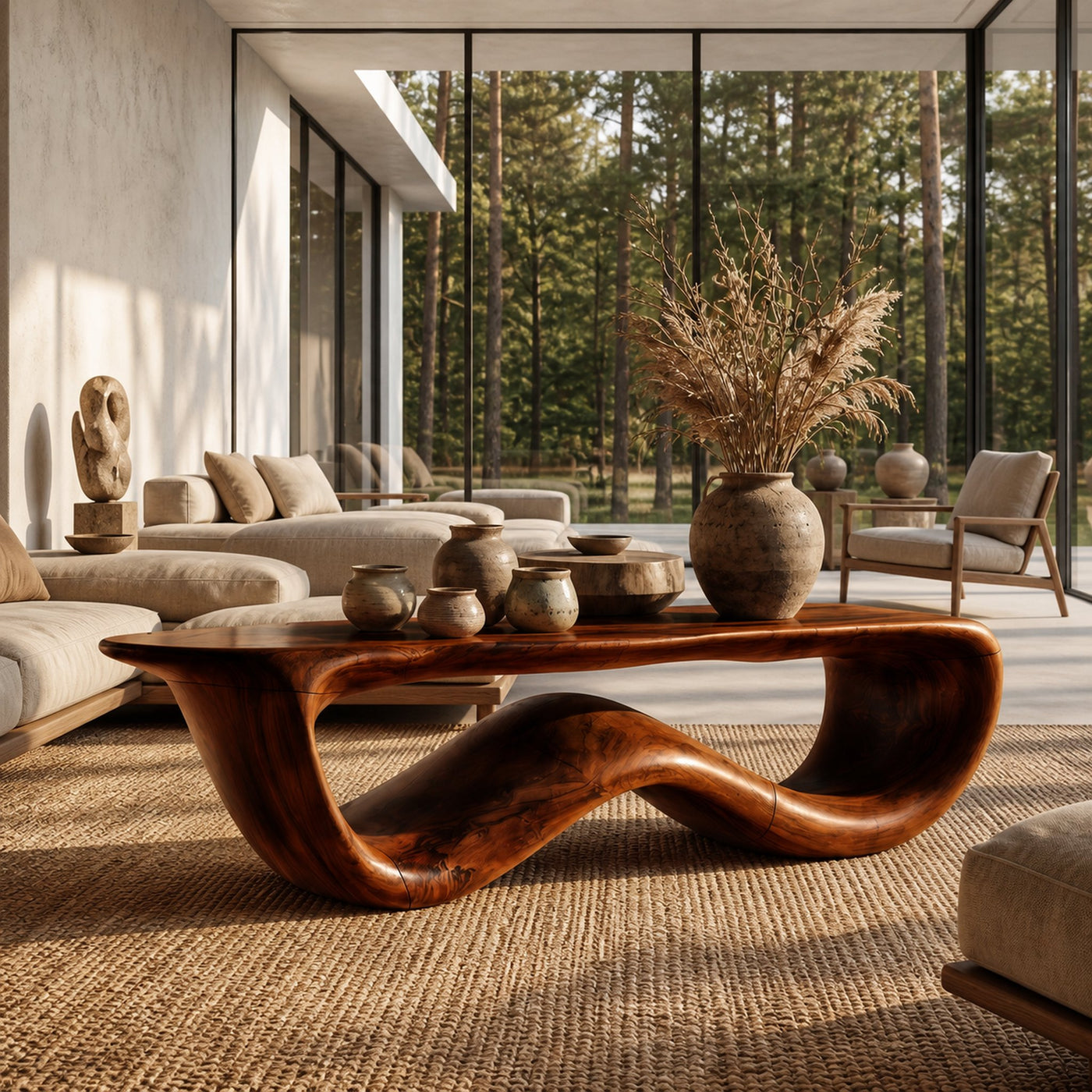 Contemporary Coffee Table With Flowing Solid Wood Silhouette For Living Room - product view 7