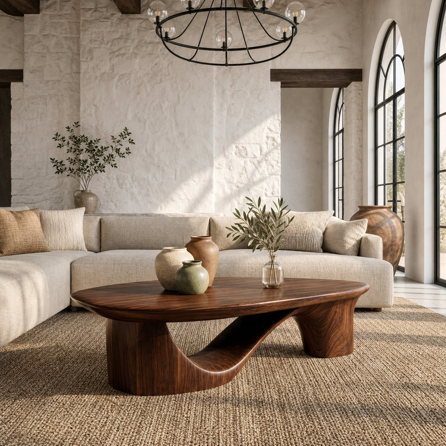 Contemporary Coffee Table With Sculptural Wooden Base For Living Room
