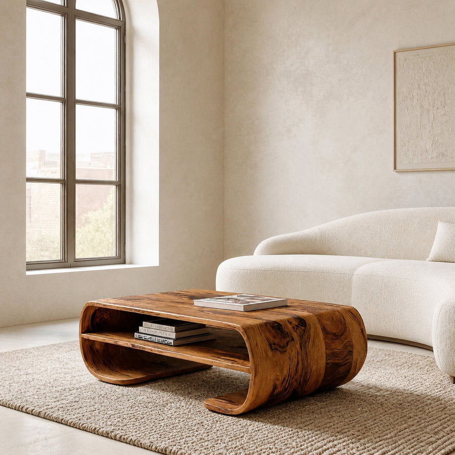 Contemporary Organic Coffee Table With Storage Shelf For Living
