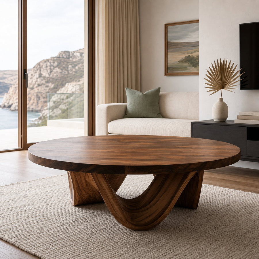 Contemporary Round Coffee Table With Continuously Curved Base For Living