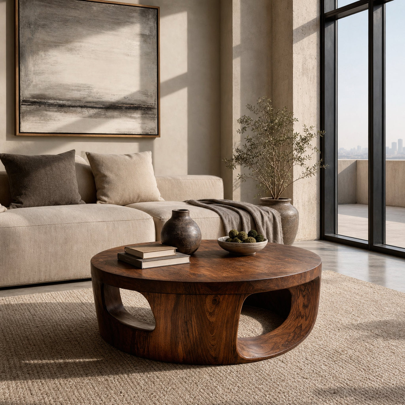 Contemporary Round Coffee Table With Open Cut Base For Living