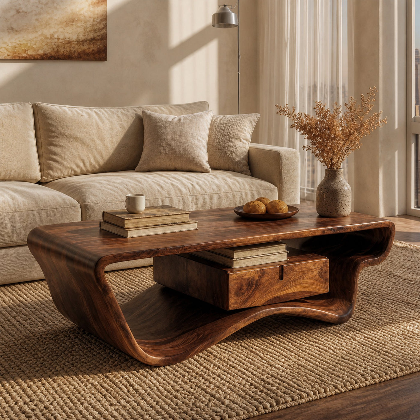 Curved Sculptural Coffee Table With Storage Drawer For Living Room