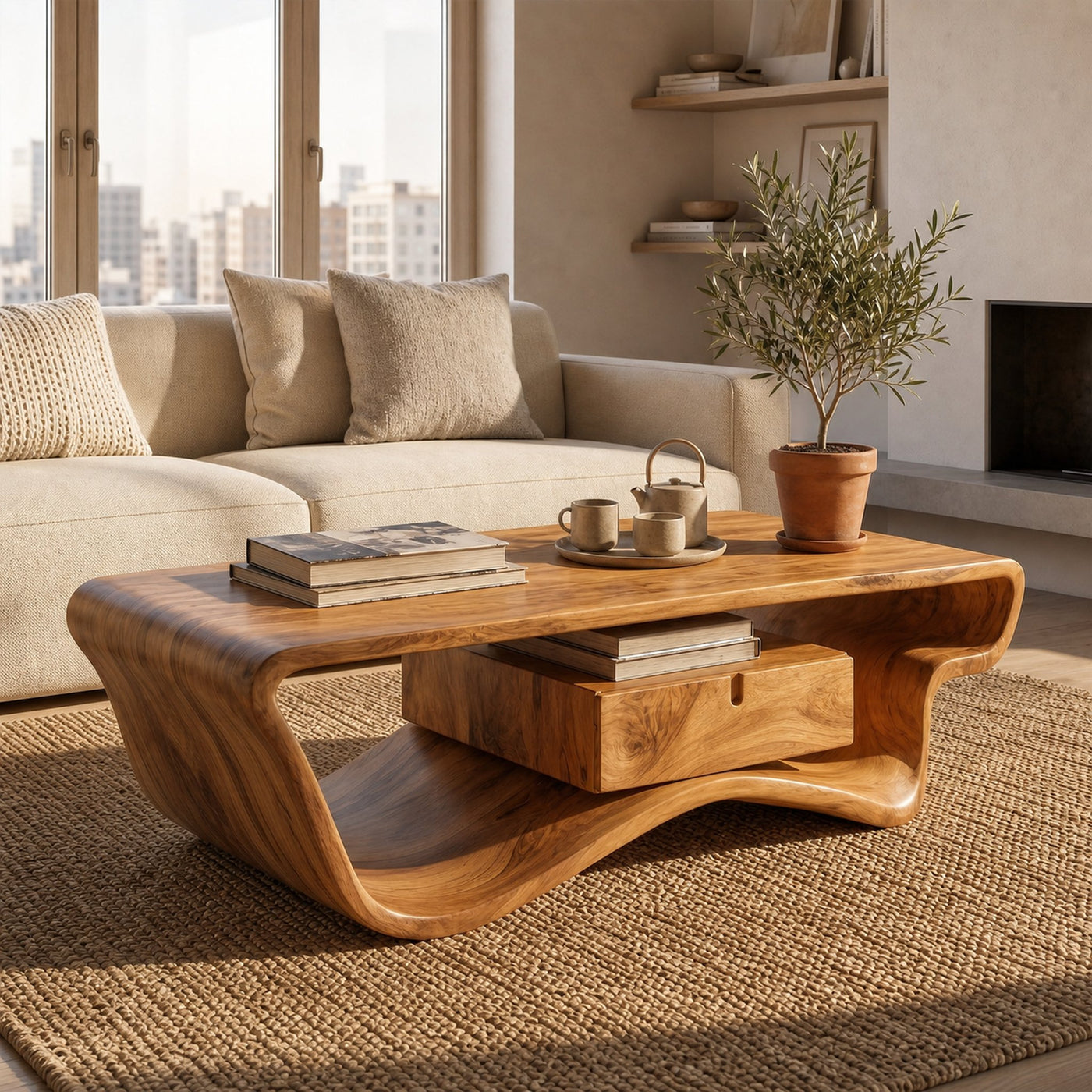 Curved Sculptural Coffee Table With Storage Drawer For Living Room - product view 6