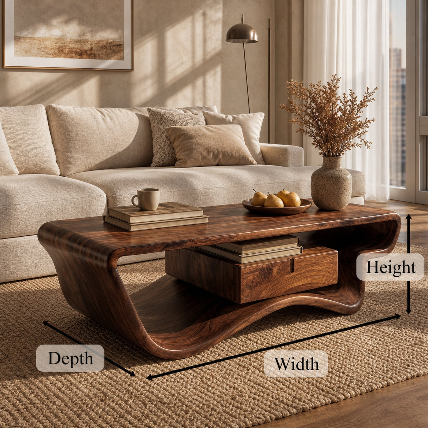 Curved Sculptural Coffee Table With Storage Drawer For Living Room - product view 8