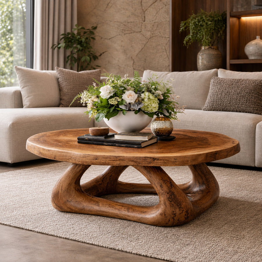 Curved Sculptural Solid Wood Coffee Table Artistic Statement Luxury Living Room Interior