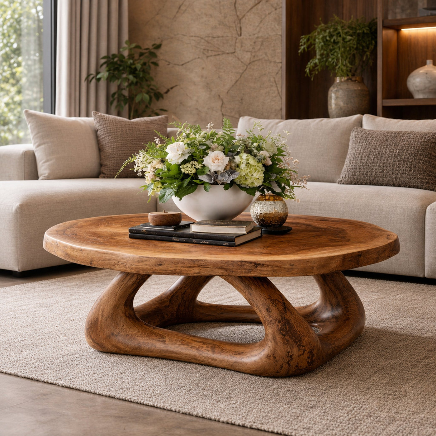 Curved Sculptural Solid Wood Coffee Table Artistic Statement Luxury Living Room Interior