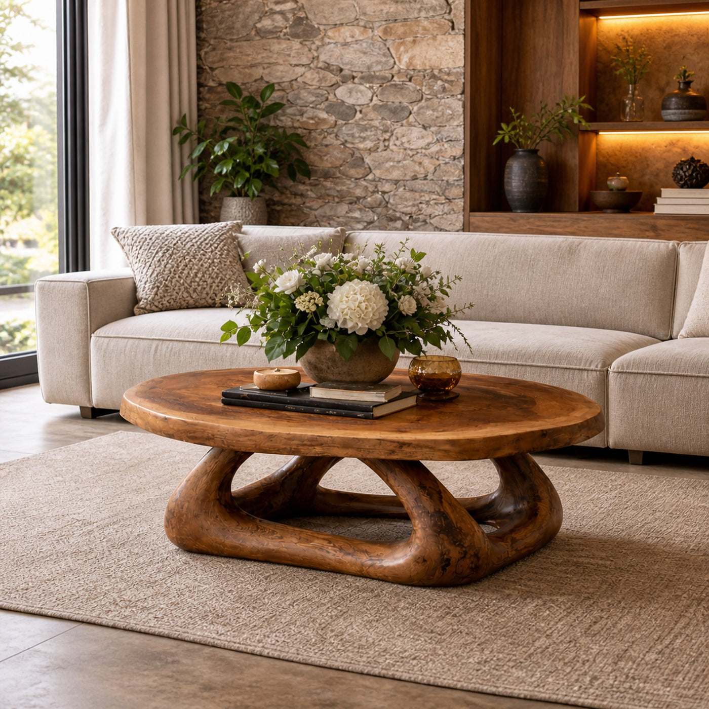 Curved Sculptural Solid Wood Coffee Table Artistic Statement Luxury Living Room Interior - product view 2