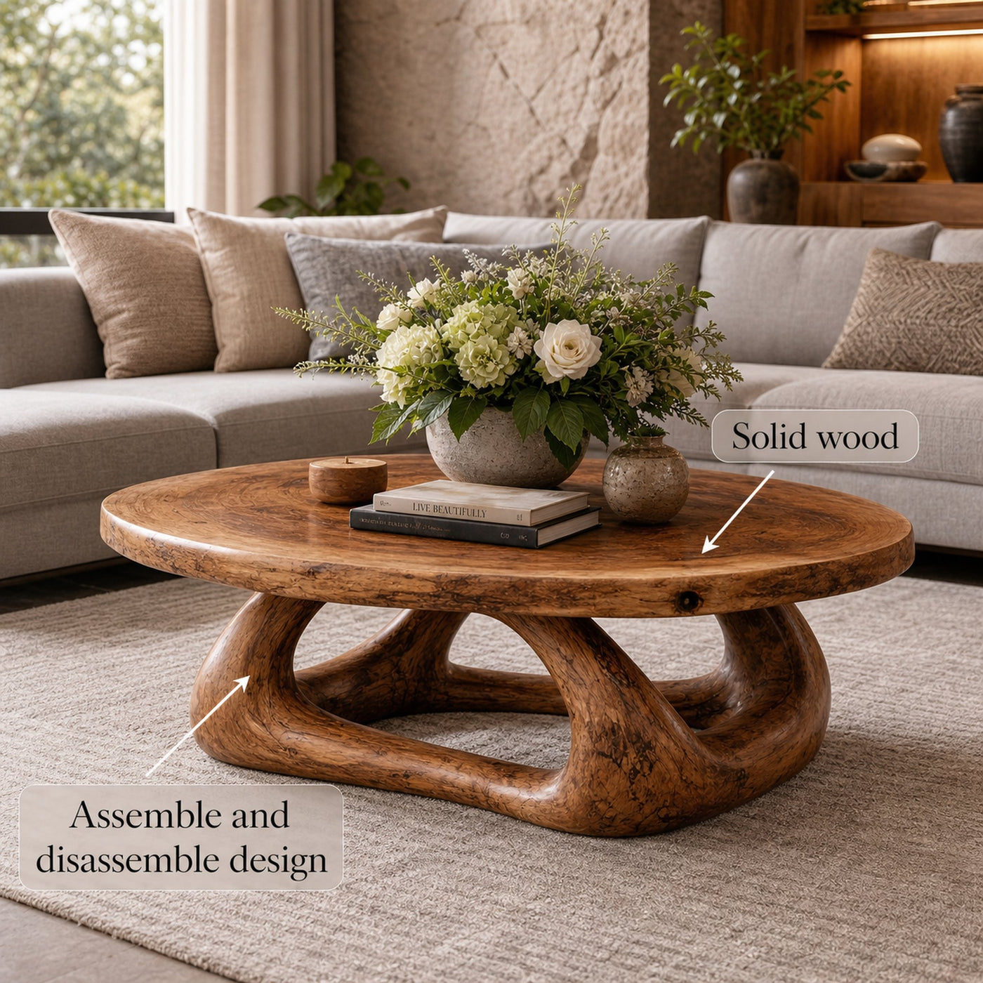 Curved Sculptural Solid Wood Coffee Table Artistic Statement Luxury Living Room Interior - product view 5