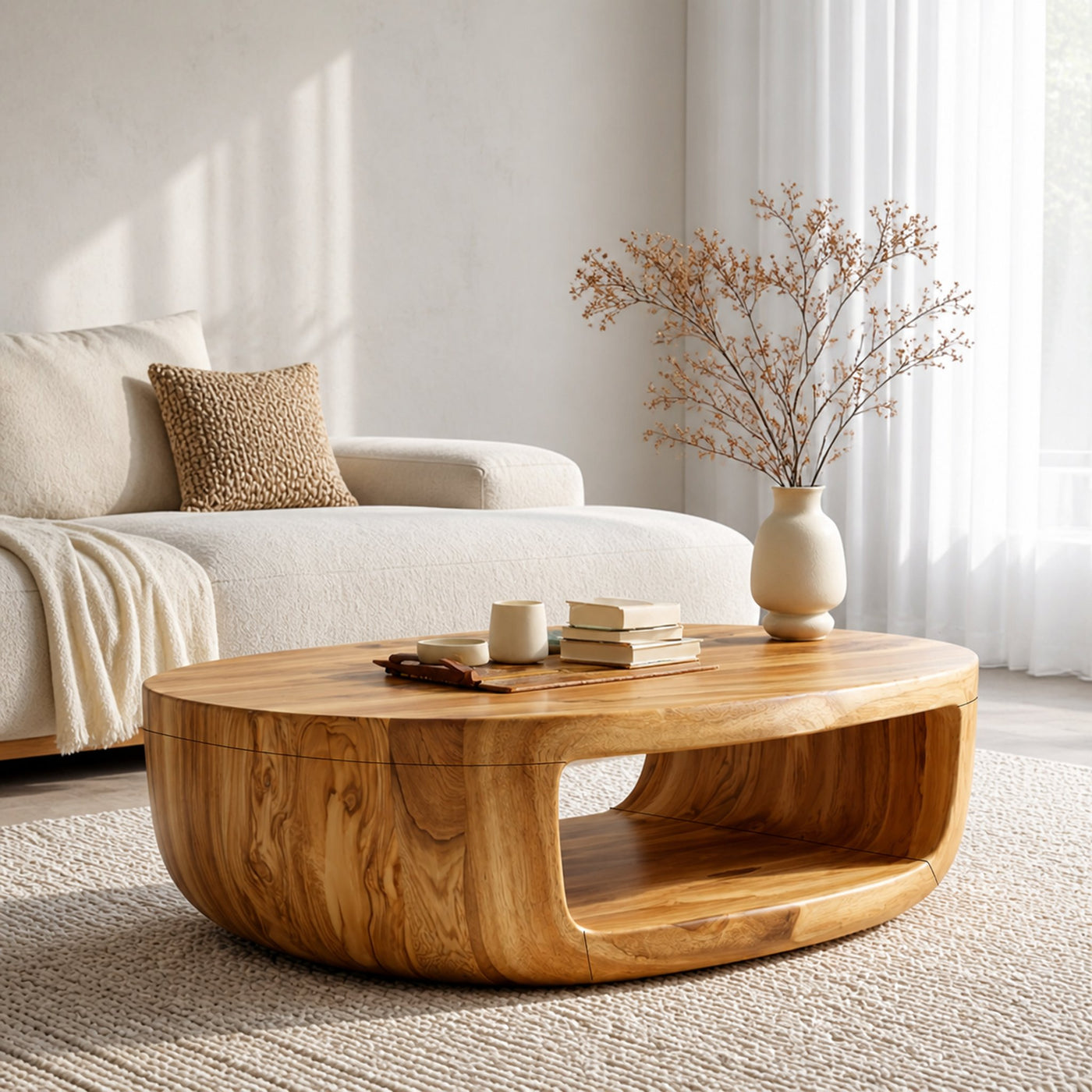 Curved Shell Solid Wood Coffee Table Calm Contemporary Living Room Interior