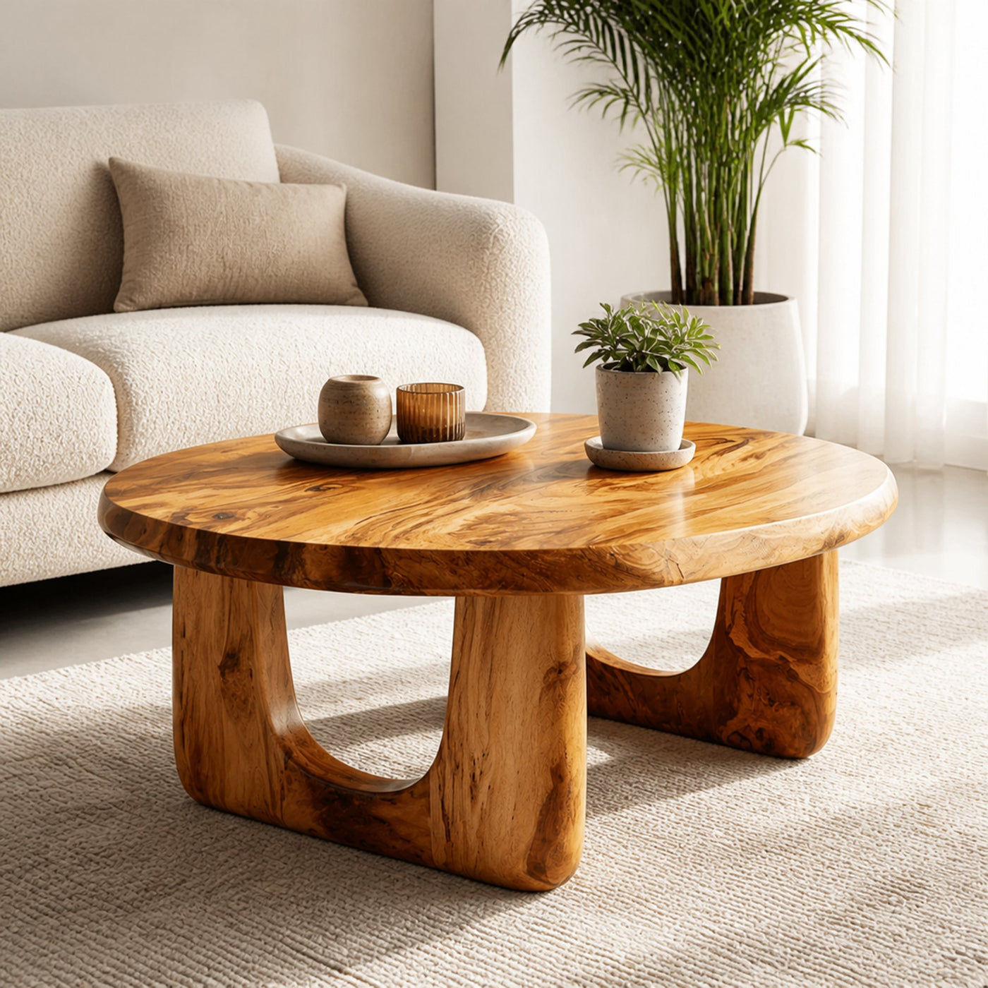 Dual Arch Solid Wood Coffee Table Soft Organic Modern Living Room Interior