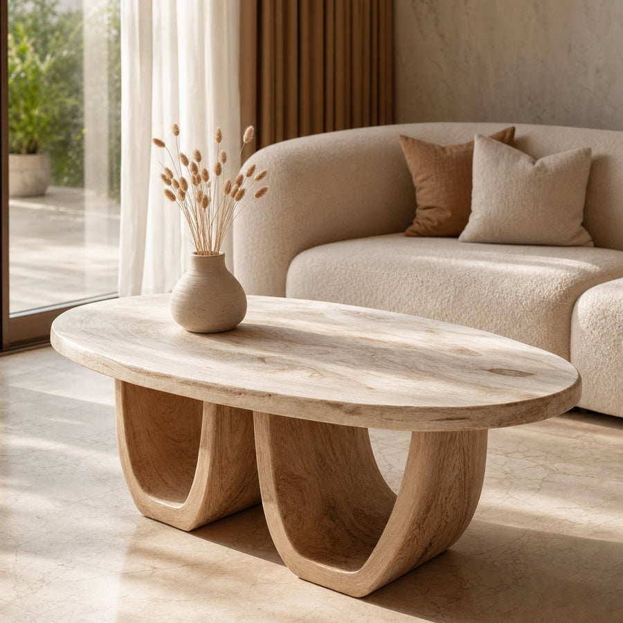Elegant Oval Solid Wood Coffee Table Sculptural Twin Base Calm Modern Living Room Interior