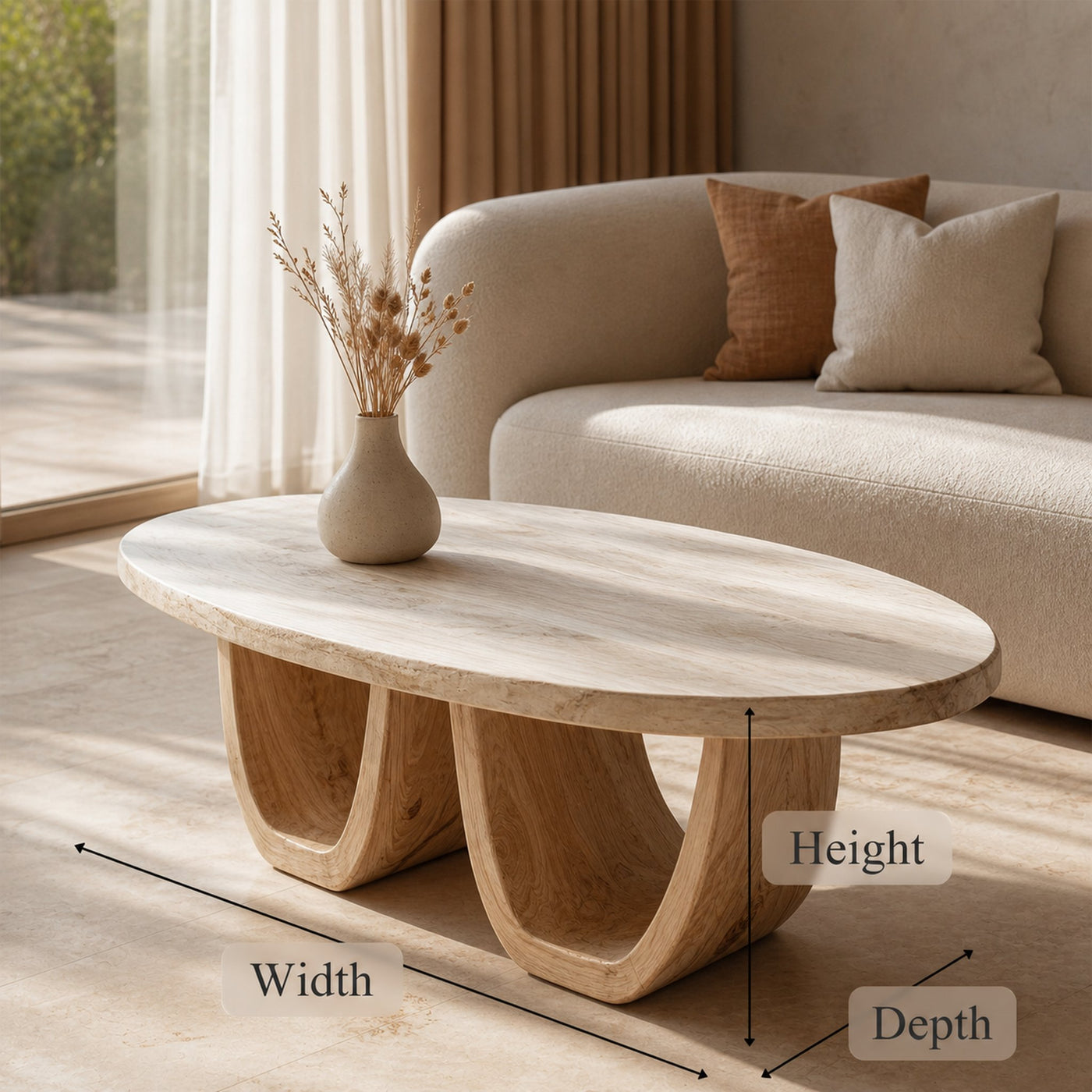 Elegant Oval Solid Wood Coffee Table Sculptural Twin Base Calm Modern Living Room Interior - product view 6