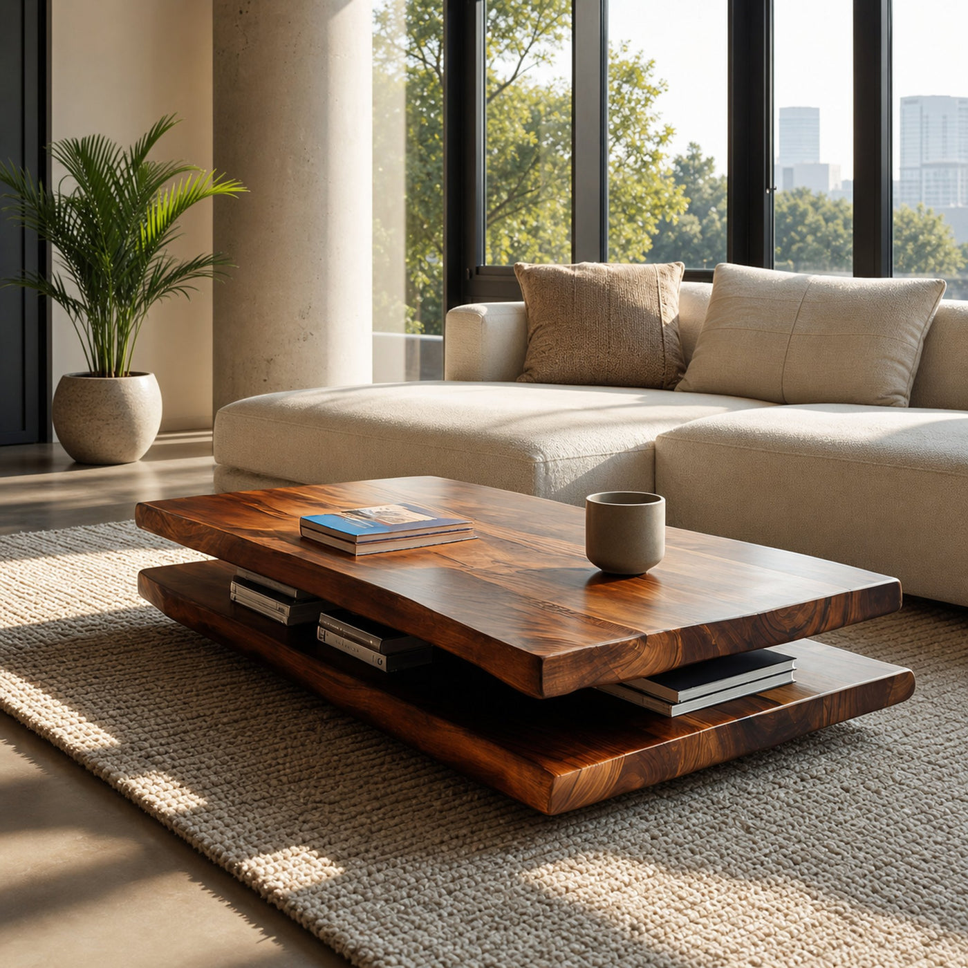 Elegant Wooden Coffee Table Two Layers For Living Room