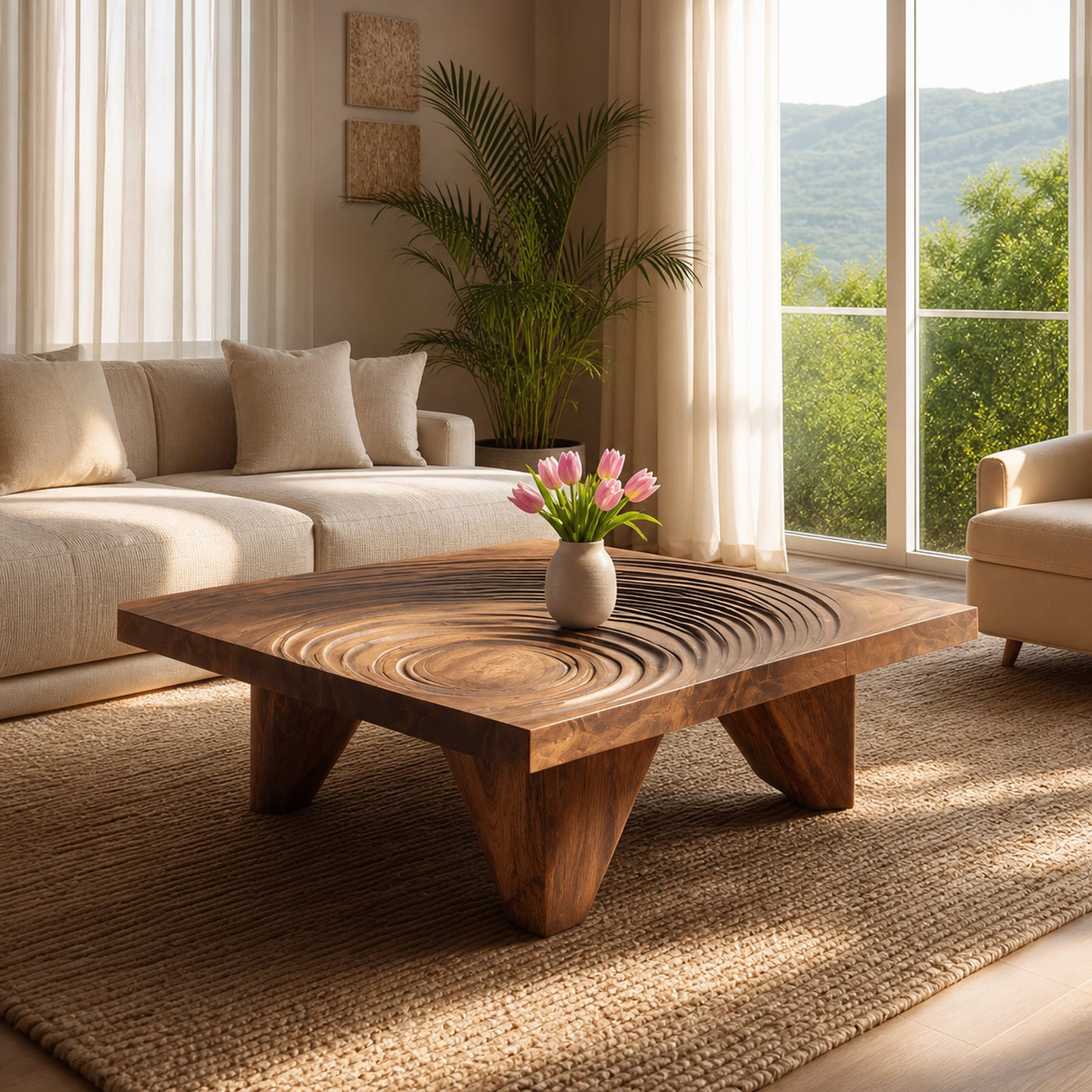 Farmhouse Abstract Wooden Coffee Table For Living Room