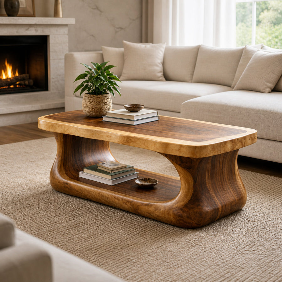 Flow Form Solid Wood Coffee Table Sculpted Base Contemporary Living Room Interior