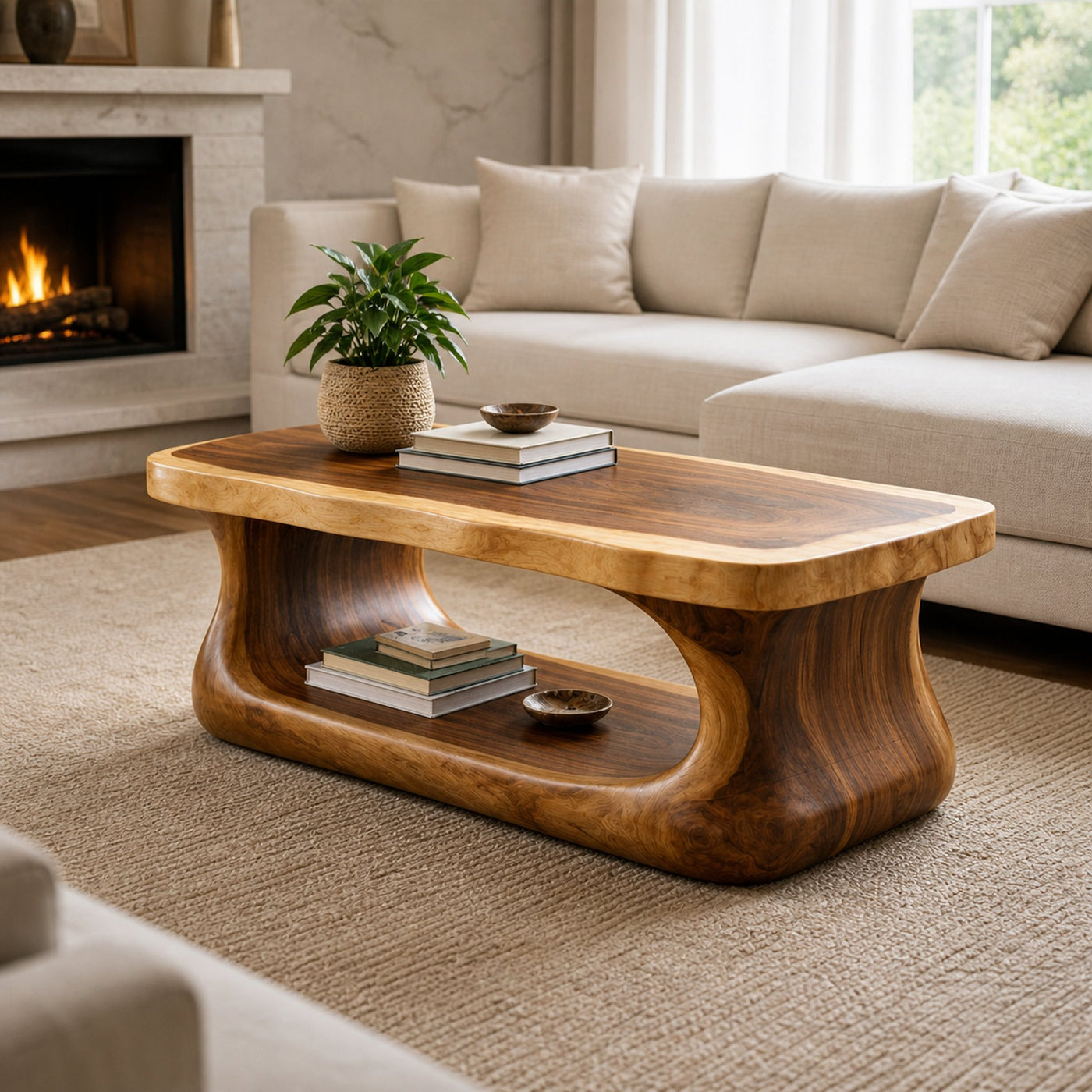 Flow Form Solid Wood Coffee Table Sculpted Base Contemporary Living Room Interior