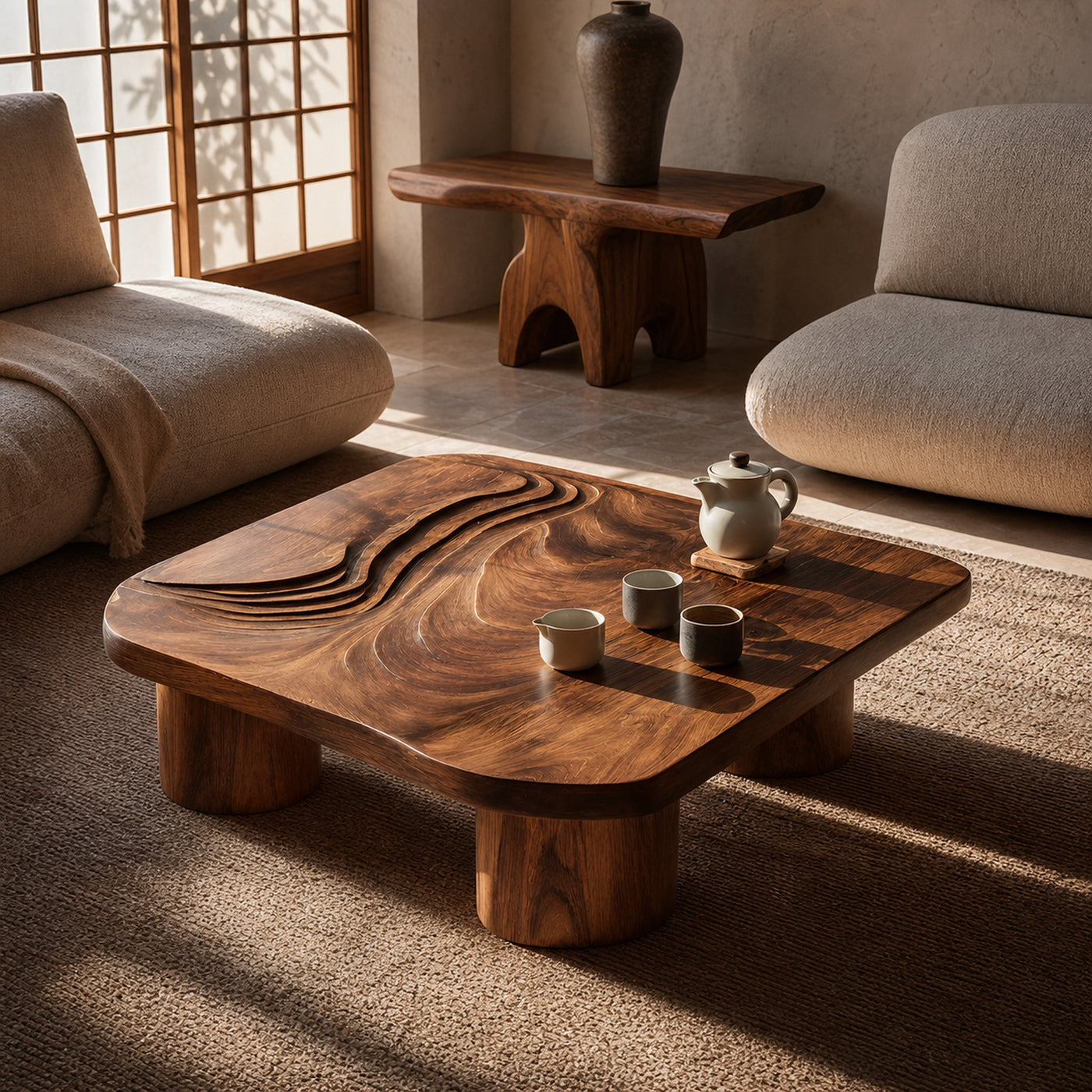 Handcrafted Abstract Solid Wood Coffee Table For Entryway